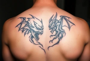 Battle for the souls, good on one side of body and evil on other , internal conflict, inner demons tattoo idea