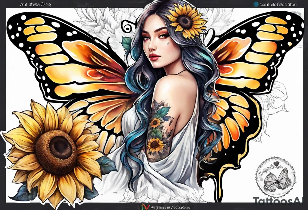 Sleeve with angel wings, sunflower and butterfly tattoo idea