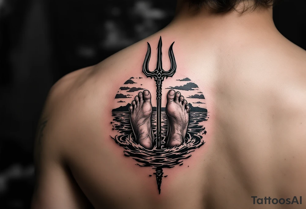 barefeet behind trident with water and sunset tattoo idea