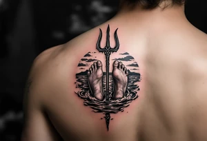 barefeet behind trident with water and sunset tattoo idea