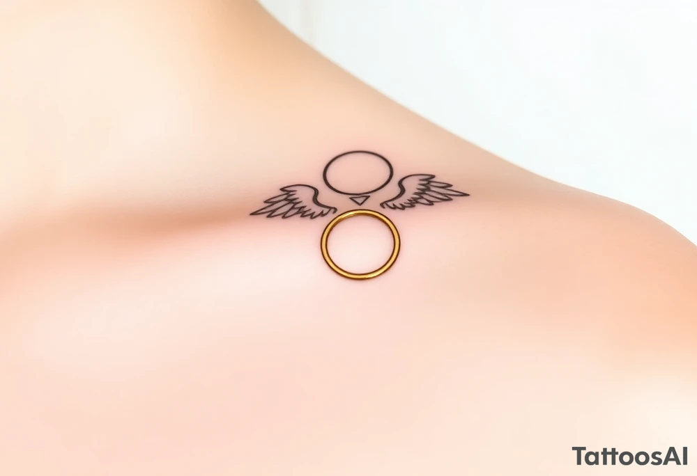 A golden wedding band floating within an angelic halo, glowing softly. tattoo idea