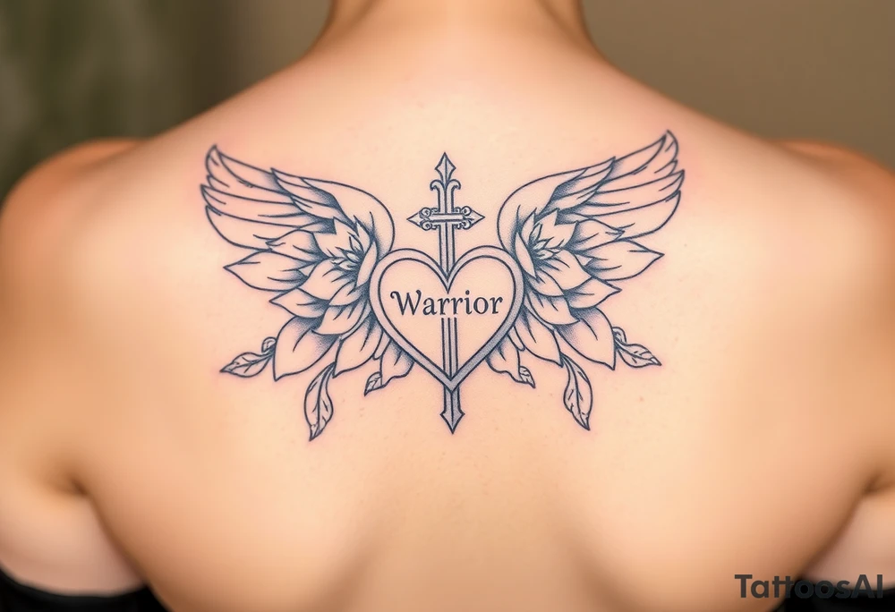 lotus flowers beautiful angel wing with word "Warrior" bold heart majestic cross tattoo idea