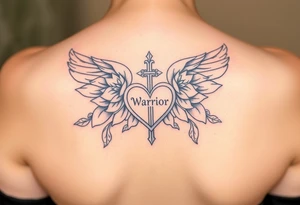 lotus flowers beautiful angel wing with word "Warrior" bold heart majestic cross tattoo idea