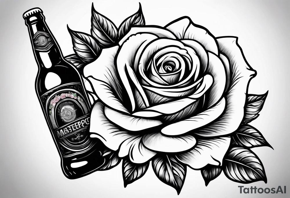 A bottle of beer and a stalk of rose in the bucket tattoo idea