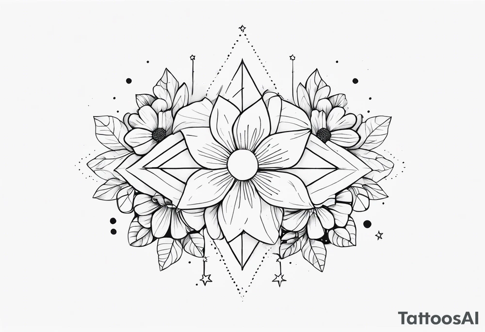 fine line with stars, floral, dots tattoo idea