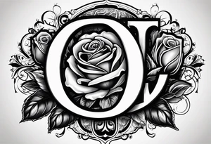 the name rocker in football style letters . the letter O replaced with a black out rose. tattoo idea