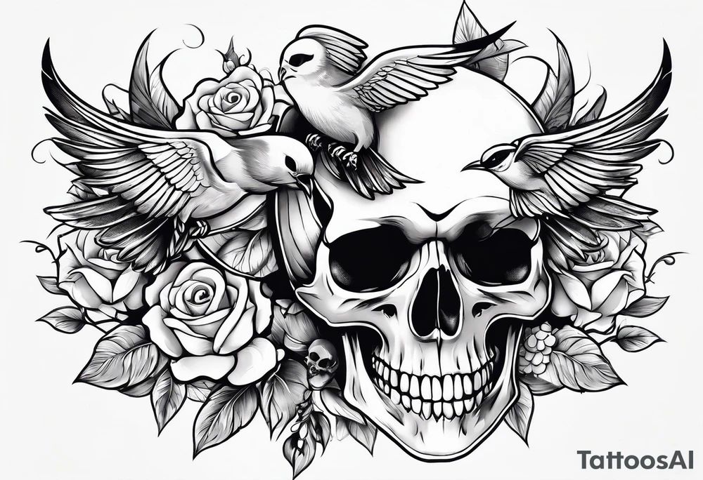 Skull and swallow simple tattoo idea