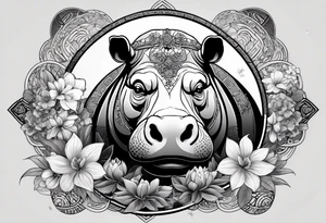 Very asymmetrical, +geometric pattern, with realistic full moon, with seeious looking hippo, +zen feel, + Buddhism touch,
with wintersweet flower bud, +portrait orientation, +inkart touch, tattoo idea