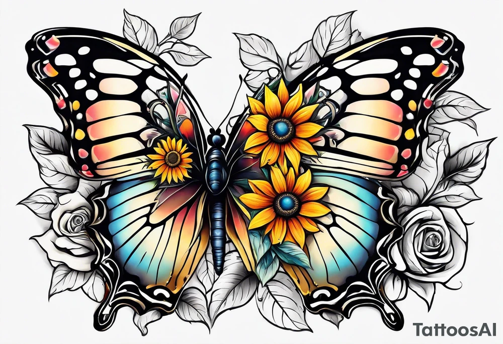 animal butterfly , flower rose, sunflower, tattoo idea
