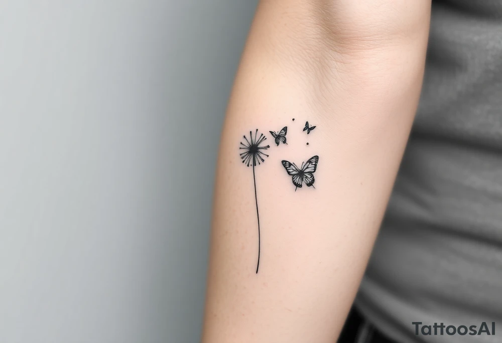 a dandelion and tow simple butterflies flying around it tattoo idea