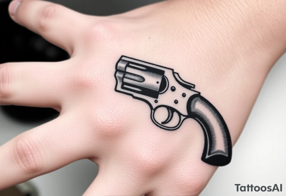 Revolver .45 caliber elegant but simple art work on gun. With barrel being pointer finger and but of gun near wrist. tattoo idea