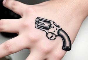 Revolver .45 caliber elegant but simple art work on gun. With barrel being pointer finger and but of gun near wrist. tattoo idea