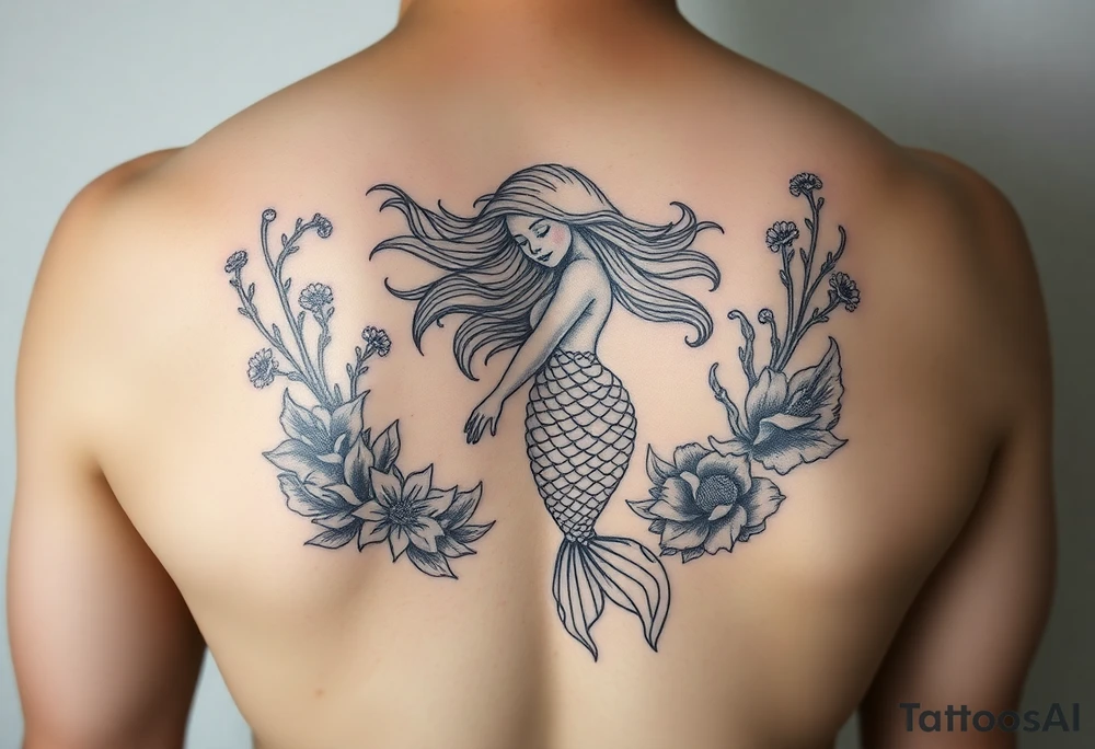 ethereal mermaid with flowing hair among coral and sea flowers tattoo idea