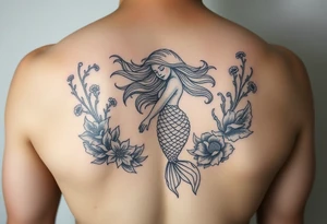 ethereal mermaid with flowing hair among coral and sea flowers tattoo idea