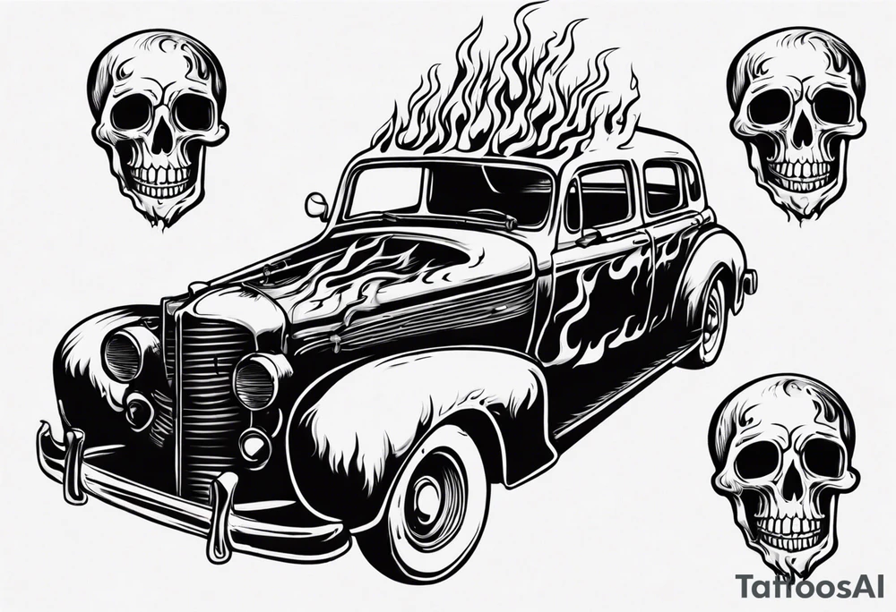 An old vintage car with flames coming out of the hood and a skeleton head at the top of the flames tattoo idea