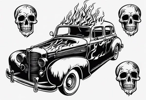 An old vintage car with flames coming out of the hood and a skeleton head at the top of the flames tattoo idea