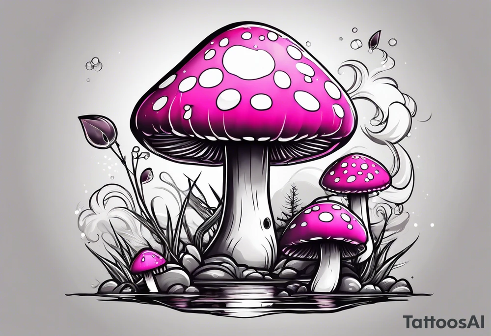pink and white mushroom with alien fishing tattoo idea