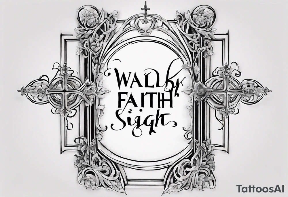 envision a horizontal placement of the quote “walk by faith, not by sight” with an elegant script font. Integrate a subtle stairwell leading to a delicate cross near the gates of heaven. This design captures the essence of the journey guided by faith. tattoo idea