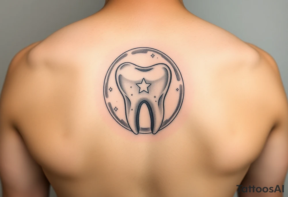 A kawaii-style molar tooth floating inside a crystal bubble with tiny stars and a gentle rainbow glow, watercolor effect.” tattoo idea