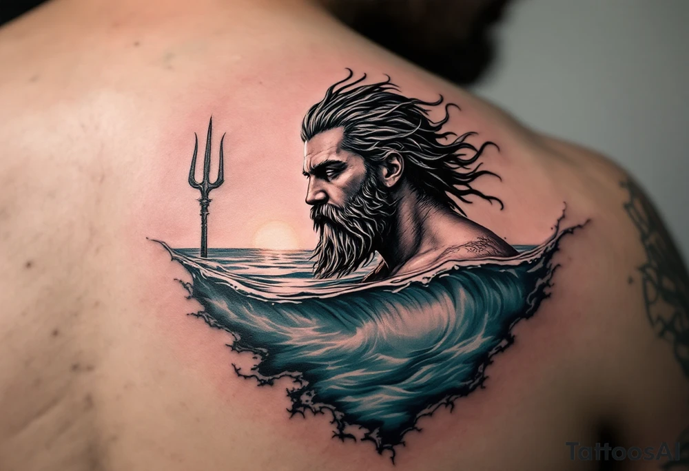 Poseidon half way under calm water with trident at sunset tattoo idea