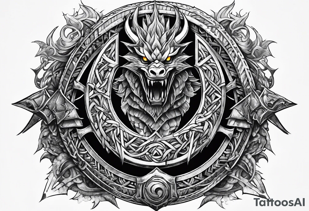 Valhalla sword shield dragon axe Valknut barbed wire chains tattoo idea