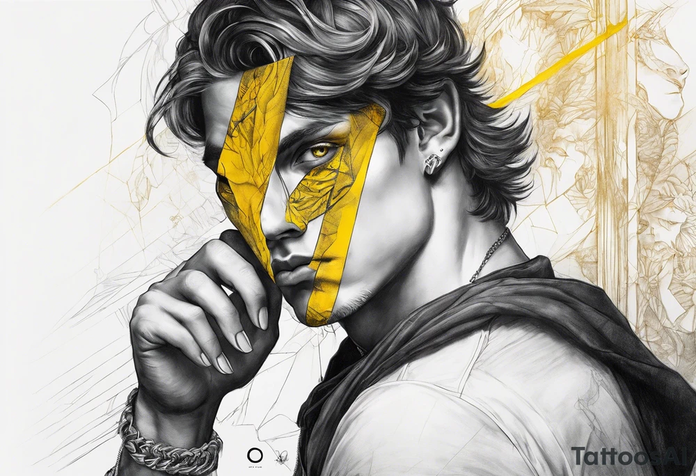 portrait of a young man andrea del sarto, Yellow evil eyes and a black hand with claws covering his face, revealing his unique eyes. tattoo idea