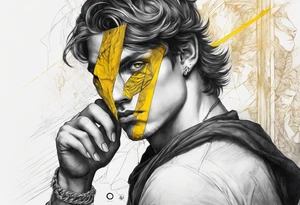 portrait of a young man andrea del sarto, Yellow evil eyes and a black hand with claws covering his face, revealing his unique eyes. tattoo idea