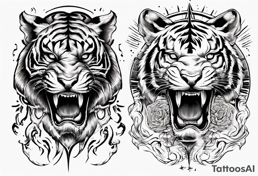 Ancient tiger with lightning and a sun for a forearm sleeve. With patterns surrounding it tattoo idea