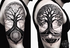 very masculine tattoo about creation including atlas, vitruvian man, touch of god and tree of life and fibonacci spiral for forearm tattoo idea