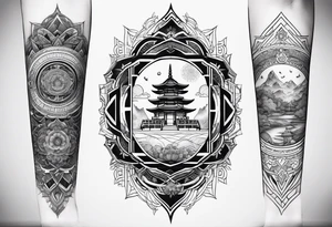 The back of a forearm including a world map, a Buddhist temple and a mandala tattoo idea