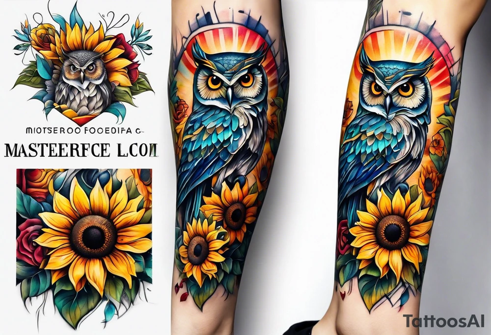 Leg sleeve with colorful sunflowers and an owl tattoo idea