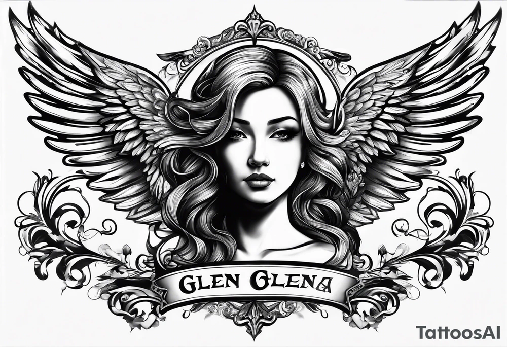 The word Glenn on a banner with angel wings tattoo idea