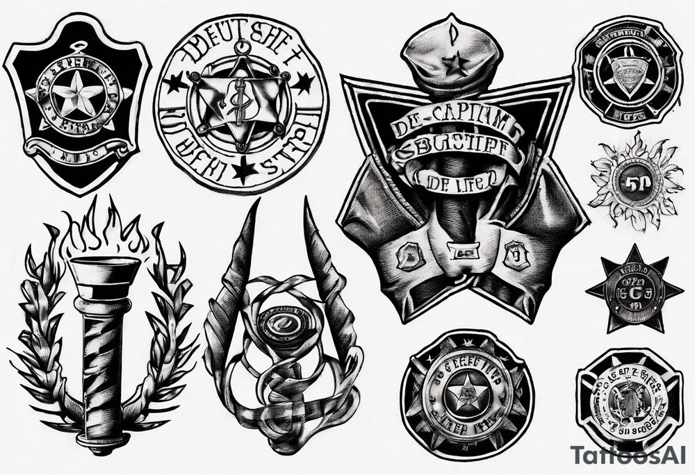 Sleeve tattoo, top is fire crest with captain bugles inside, below is 5 point deputy sheriff badge, GT45 badge number u der that a medical star of life tattoo idea