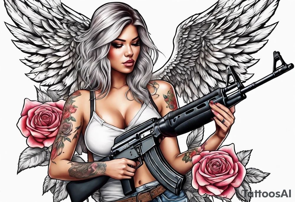 Beautiful angle with wings and tattoos surrounded by roses holding a ak 47 tattoo idea