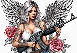 Beautiful angle with wings and tattoos surrounded by roses holding a ak 47 tattoo idea