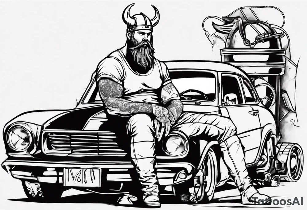 A Viking sitting next to a vintage car being built tattoo idea