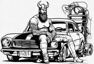 A Viking sitting next to a vintage car being built tattoo idea