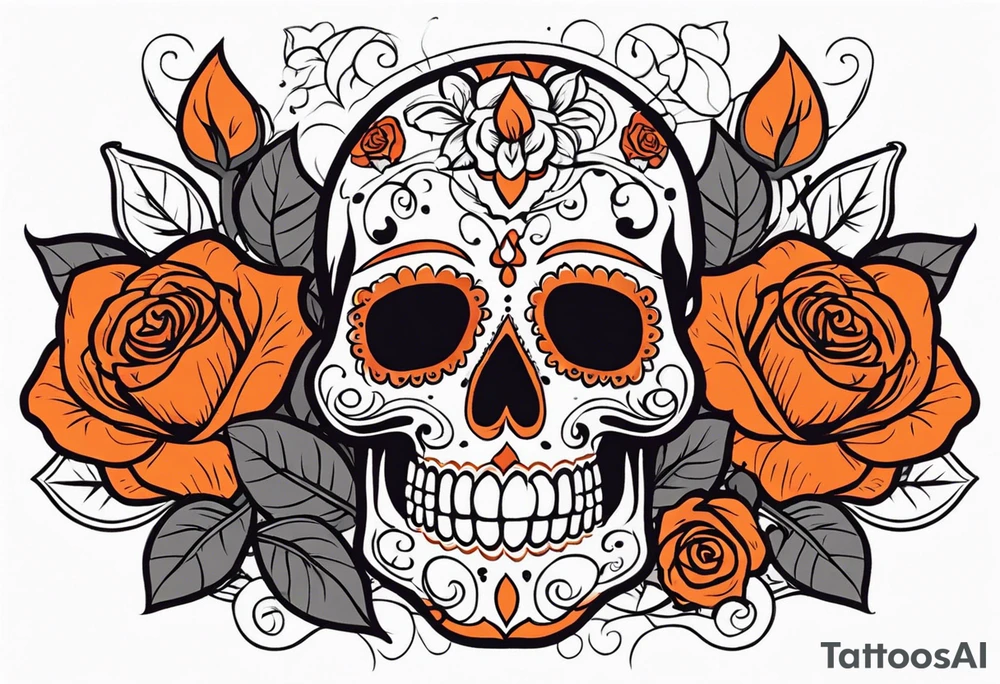 Orange Sugar skull with roses that are orange and red with smoke around it tattoo idea