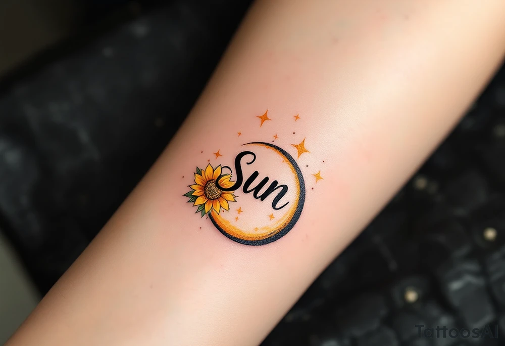 Word "Sun" written vertical with sunflower tattoo idea