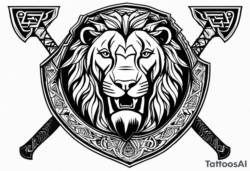 Valhalla sword shield lion 
 axe Valknut tattoo idea