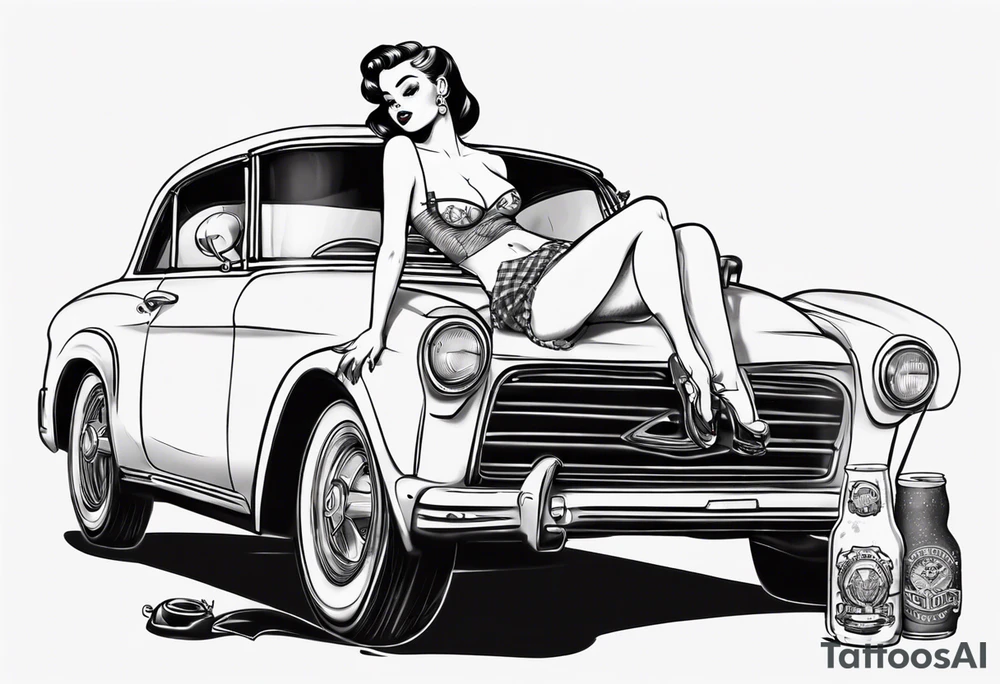 pinup doll sitting on the hood of a classic vintage car drinking a beer tattoo idea