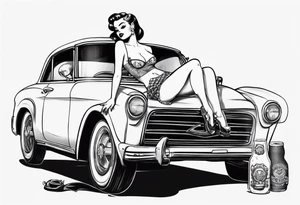 pinup doll sitting on the hood of a classic vintage car drinking a beer tattoo idea
