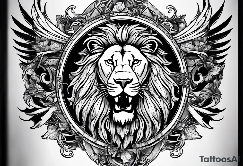 Arm sleeve with PTSD ribbon, compass, cross and lion tattoo idea