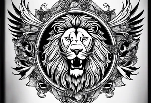 Arm sleeve with PTSD ribbon, compass, cross and lion tattoo idea