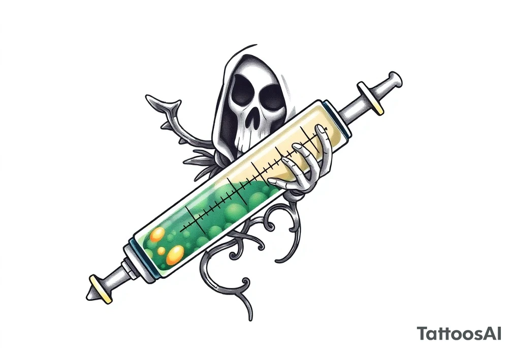 Syringe full of meth potion makes reaper superpowerful tattoo idea