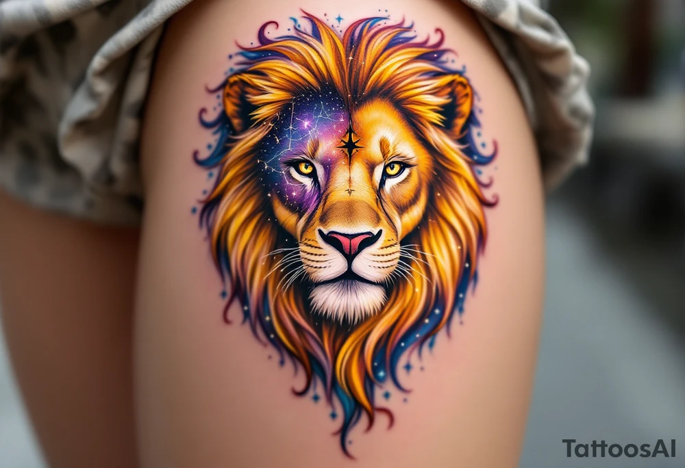A Leo zodiac symbol and vivid leo star constellation rests between the eyes of a golden lion whose mane dissolves into a trail of starlit purple and blue. tattoo idea