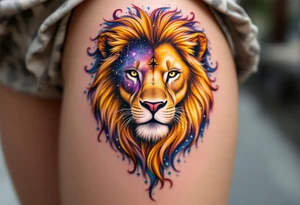 A Leo zodiac symbol and vivid leo star constellation rests between the eyes of a golden lion whose mane dissolves into a trail of starlit purple and blue. tattoo idea