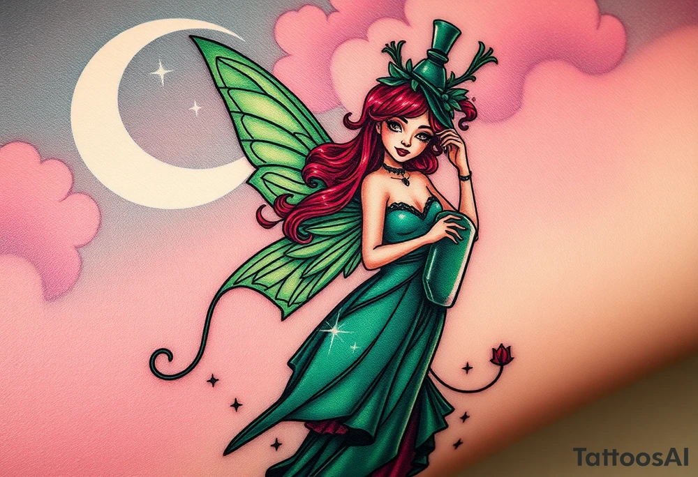 Tim Burton’s kelly doty pin up style Vintage Parisian elegant and hauntingly beautiful yet eerie full body absinthe Green Fairy dances outside her victorian crystal decatur she was once inside this elaborate ornate bottle absinthe bottle Absinthe Art Nouveau   and dripping with muted reds, dusty pinks, and eerie green glow.purple and cyan smokey clouds swirl in the crescent moonlit sky thats sprinkled with stars tattoo idea