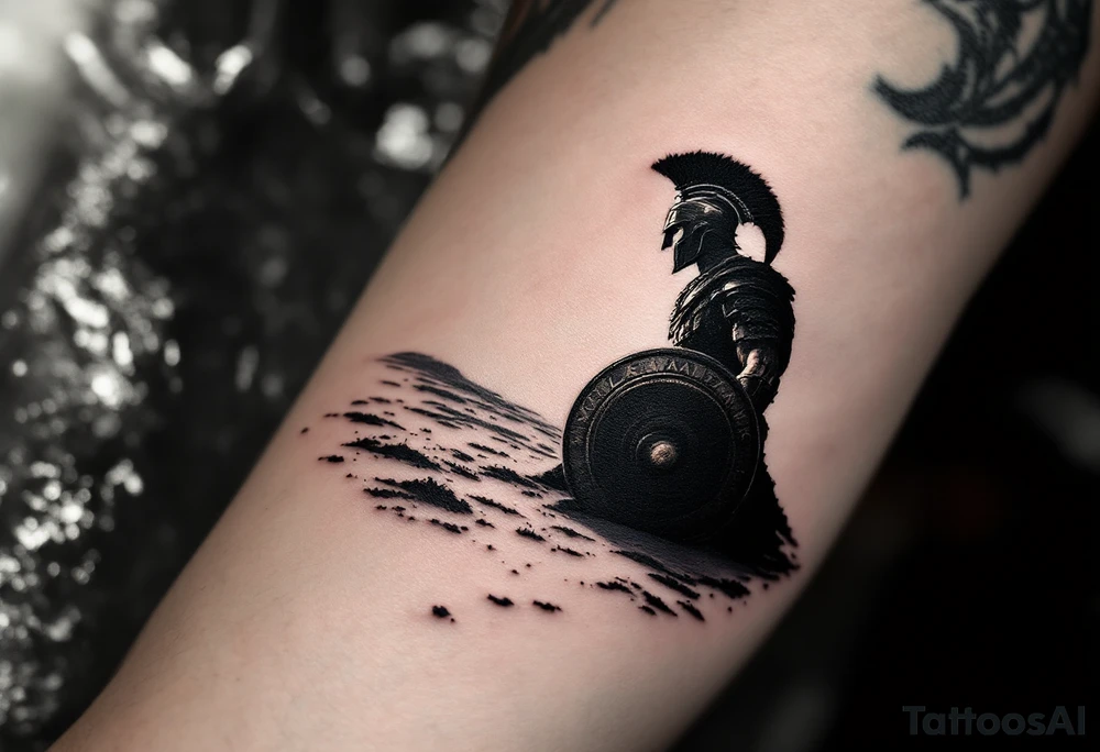The Gladiator’s Shadow – A black-and-gray realism tattoo of a gladiator’s silhouette on the arena sand, cast by the setting sun. His helmet and shield rest on the ground, symbolizing either death or freedom after battle. tattoo idea