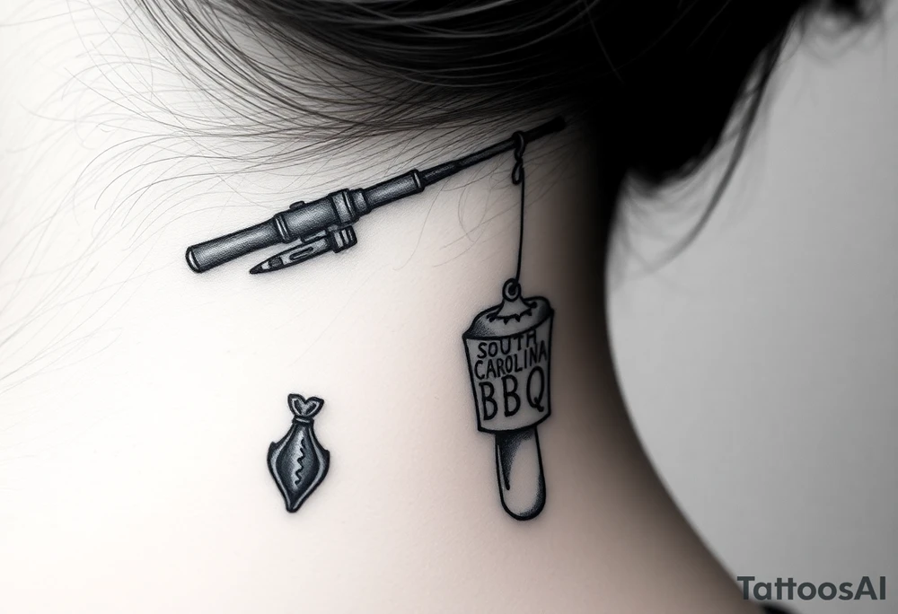 Old fishing rod with something showcasing South Carolina BBQ dangling from it tattoo idea